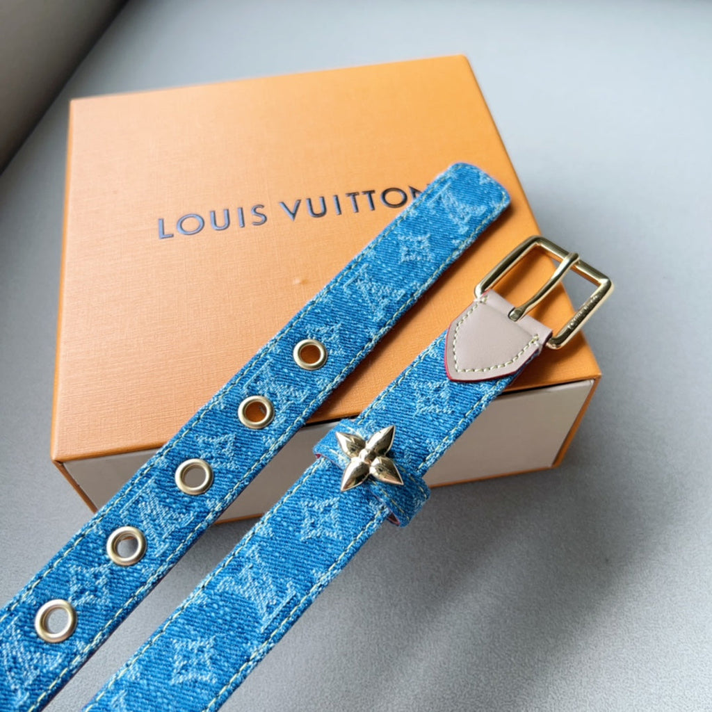 LOUIS VUITTON LV FLOWERGRAM ARDILLON 30MM BELT LIGHT BLUE MONOGRAM DENIM GOLD HARDWARE