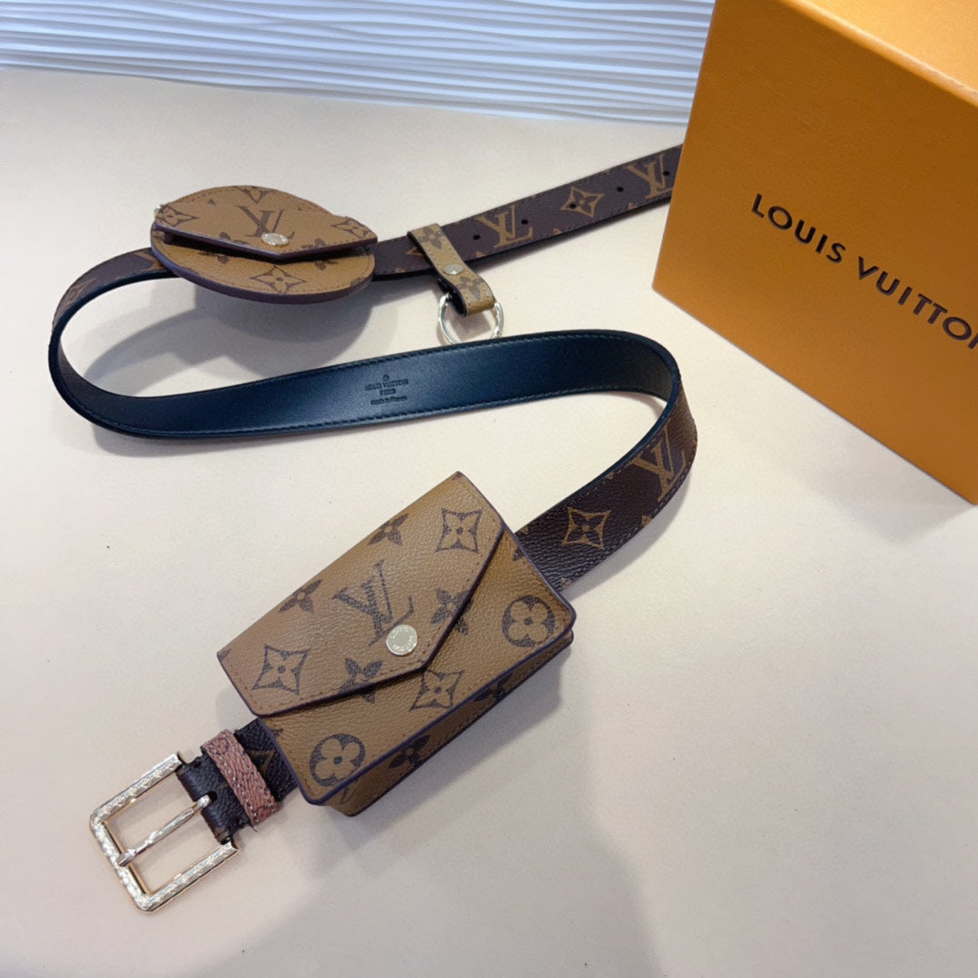 LOUIS VUITTON LV MULTI POCKET 30MM BELT IN CAMEL BROWN MONOGRAM CALFSKIN SILVER HARDWARE