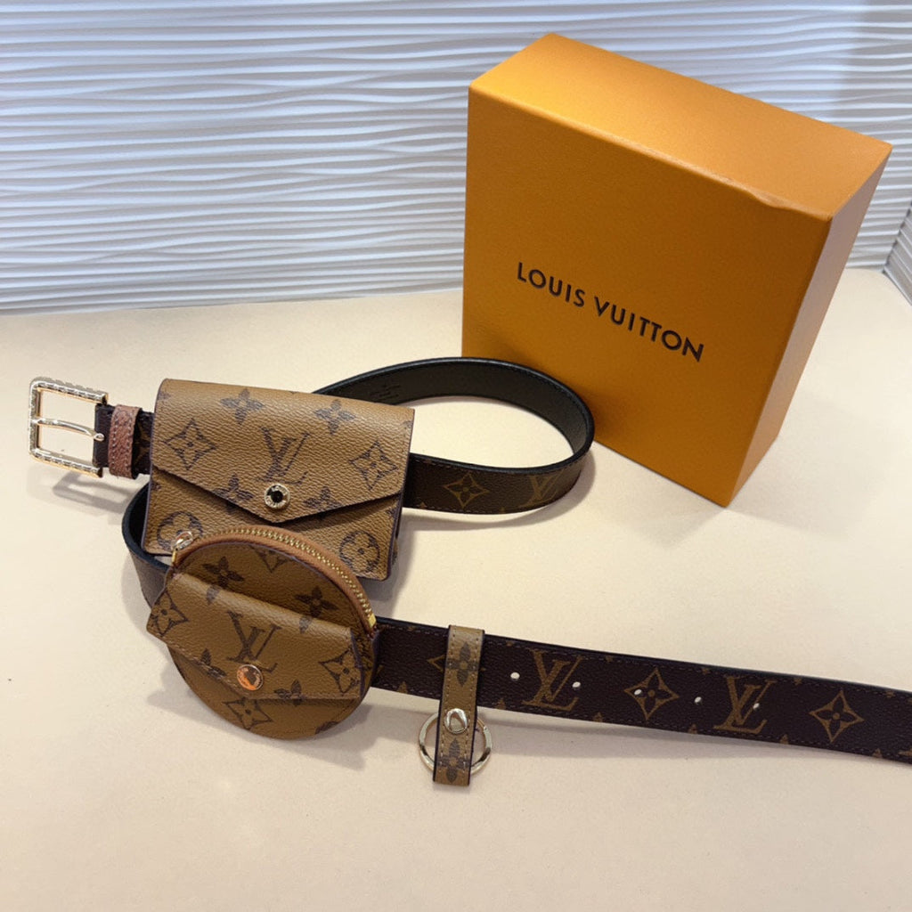 LOUIS VUITTON LV MULTI POCKET 30MM BELT IN CAMEL BROWN MONOGRAM CALFSKIN SILVER HARDWARE