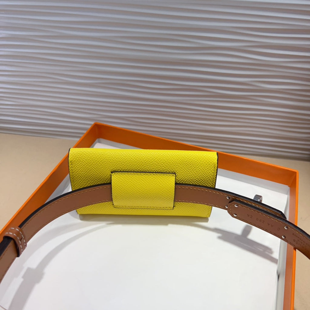 HERMES KELLY LEMON YELLOW POCKET 18MM BELT CINNAMON BROWN LEATHER SILVER HARDWARE