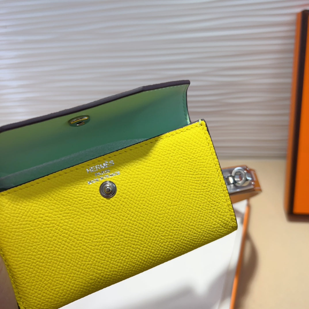 HERMES KELLY LEMON YELLOW POCKET 18MM BELT CINNAMON BROWN LEATHER SILVER HARDWARE