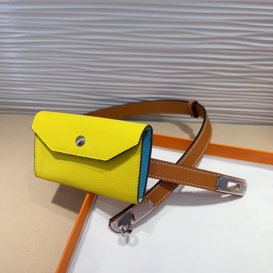 HERMES KELLY LEMON YELLOW POCKET 18MM BELT CINNAMON BROWN LEATHER SILVER HARDWARE