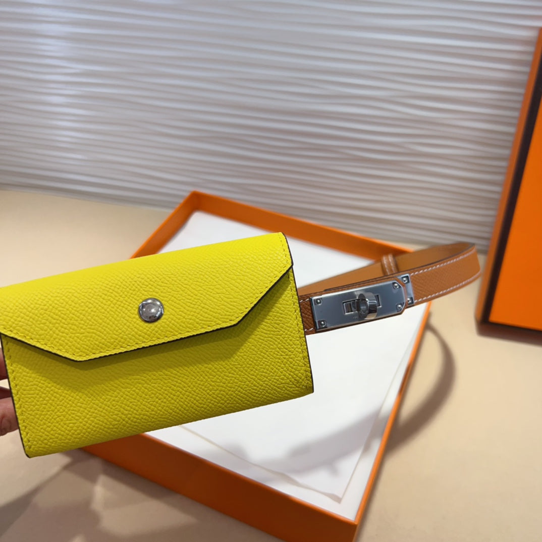 HERMES KELLY LEMON YELLOW POCKET 18MM BELT CINNAMON BROWN LEATHER SILVER HARDWARE