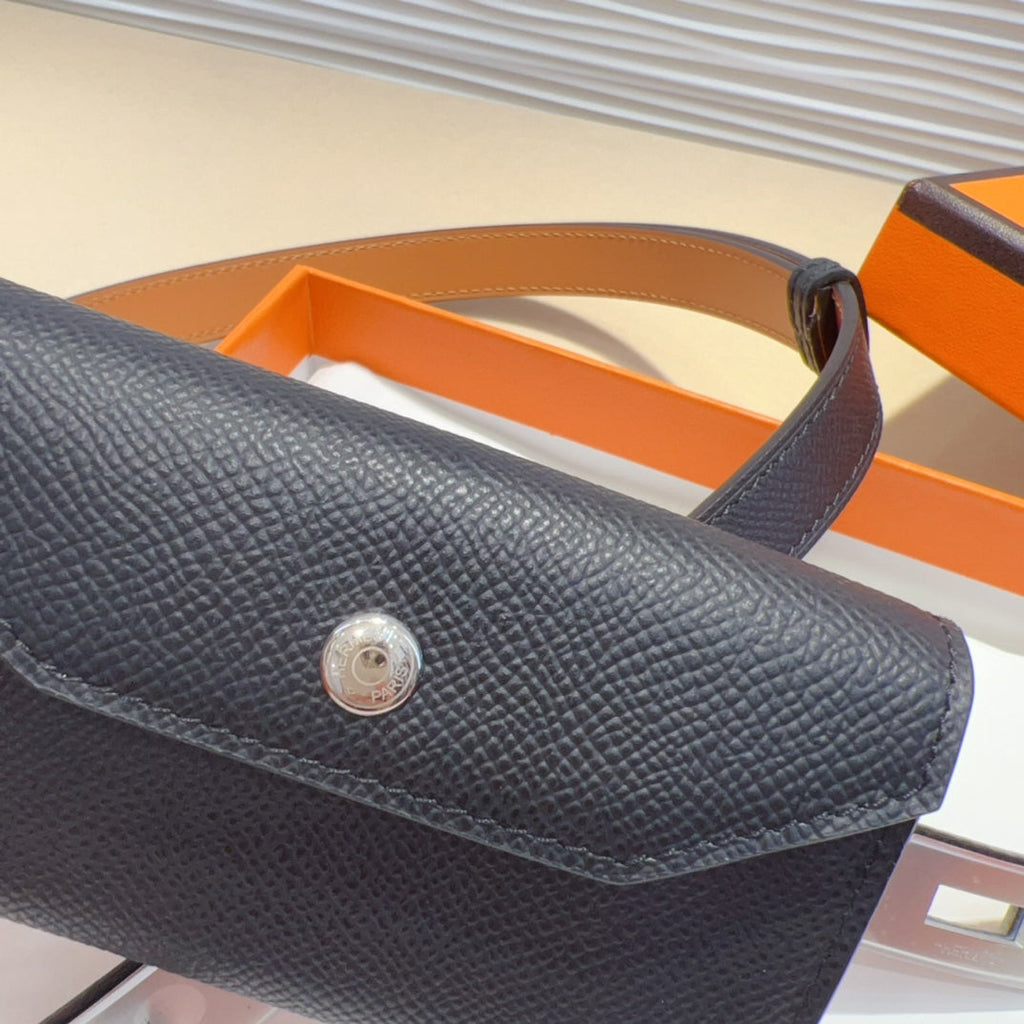 HERMES KELLY POCKET 18MM BELT BLACK LEATHER SILVER HARDWARE