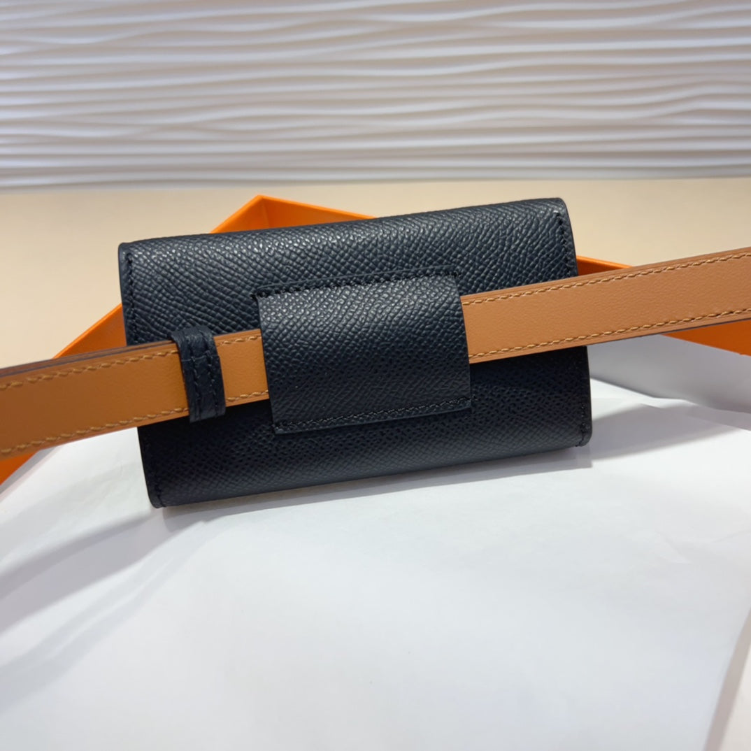 HERMES KELLY POCKET 18MM BELT BLACK LEATHER SILVER HARDWARE