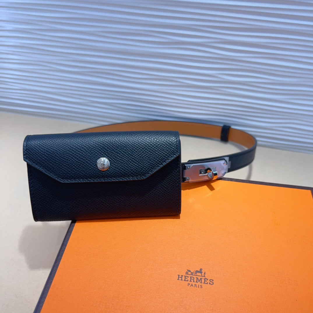 HERMES KELLY POCKET 18MM BELT BLACK LEATHER SILVER HARDWARE