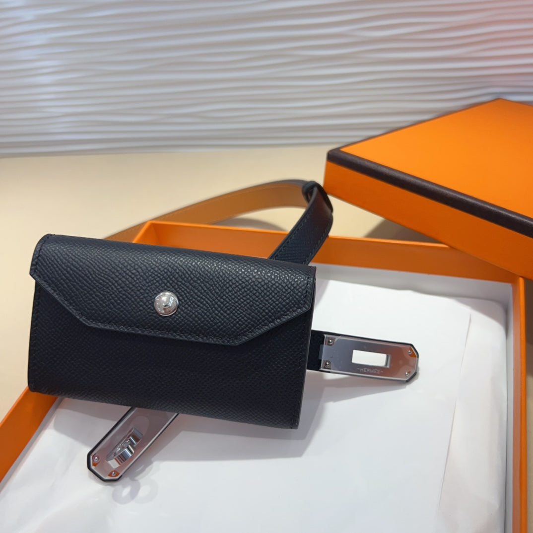 HERMES KELLY POCKET 18MM BELT BLACK LEATHER SILVER HARDWARE