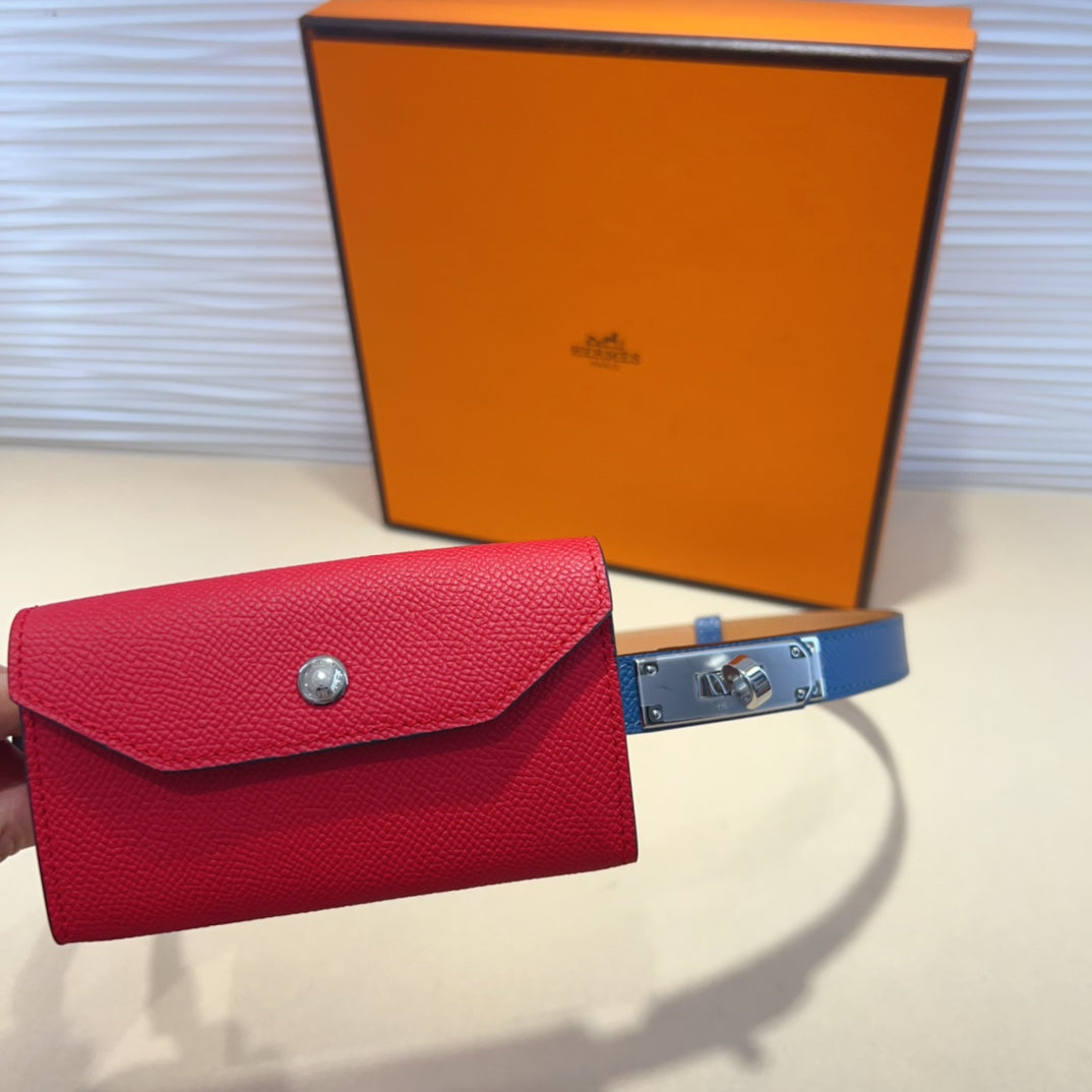 HERMES KELLY CHERRY RED POCKET 18MM BELT NAVY BLUE LEATHER SILVER HARDWARE