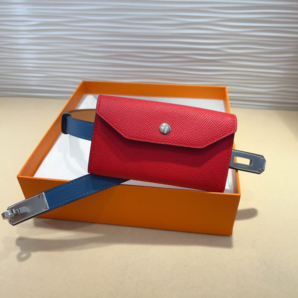 HERMES KELLY CHERRY RED POCKET 18MM BELT NAVY BLUE LEATHER SILVER HARDWARE