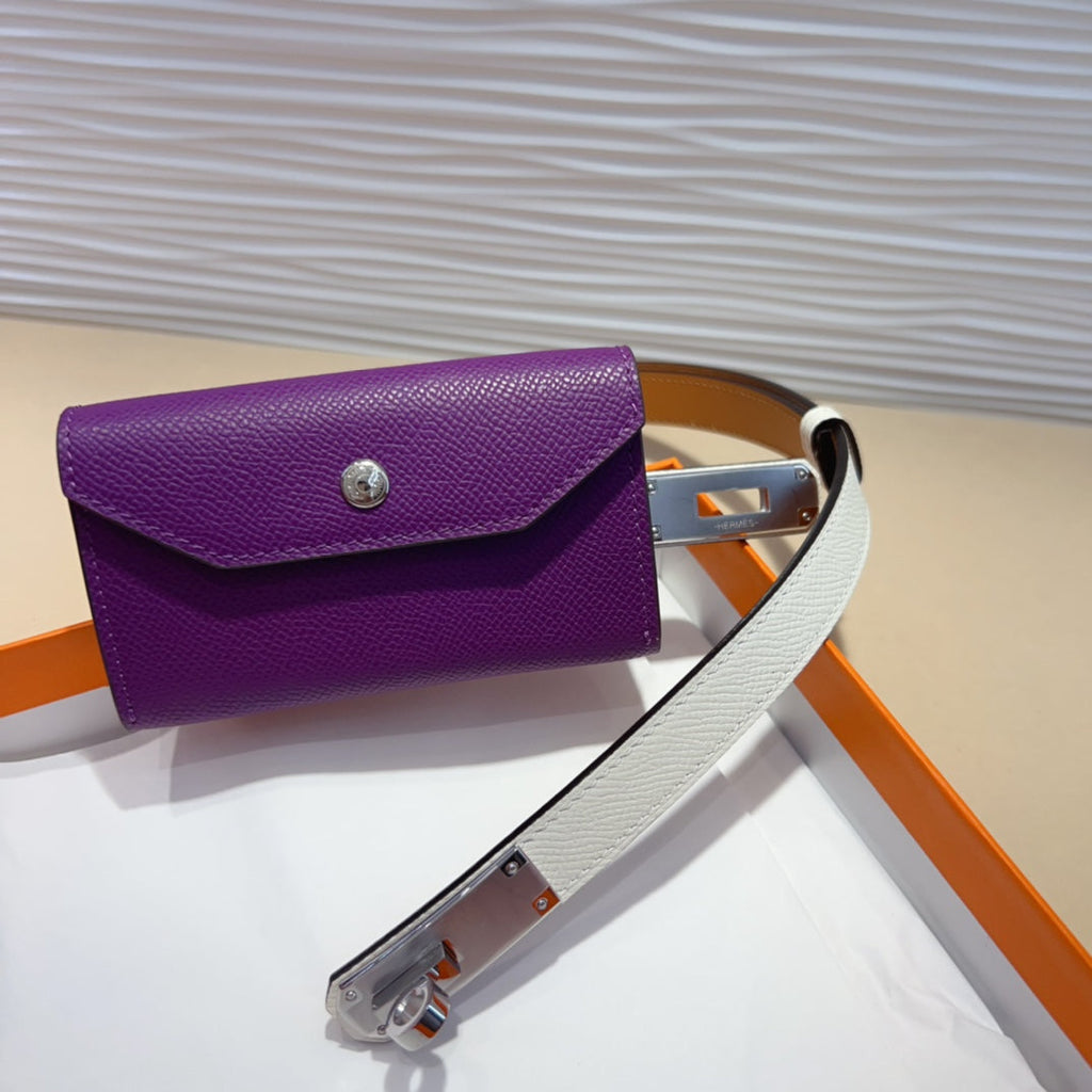 HERMES KELLY VIOLET PURPLE POCKET 18MM BELT WHITE LEATHER SILVER HARDWARE