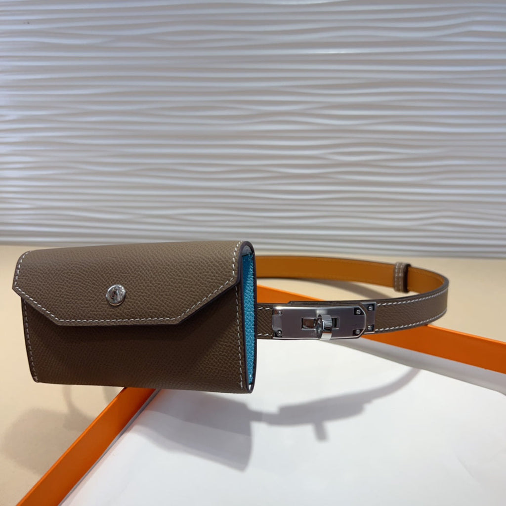 HERMES KELLY DARK BROWN POCKET 18MM BELT LEATHER SILVER HARDWARE