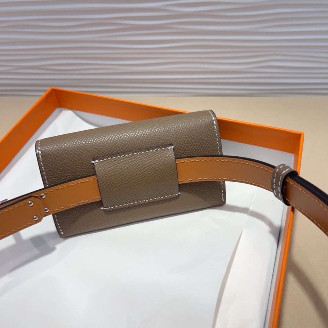 HERMES KELLY DARK BROWN POCKET 18MM BELT LEATHER SILVER HARDWARE