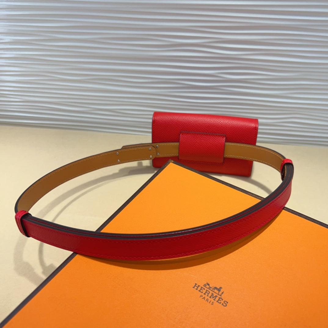 HERMES KELLY CHERRY RED POCKET 18MM BELT LEATHER SILVER HARDWARE