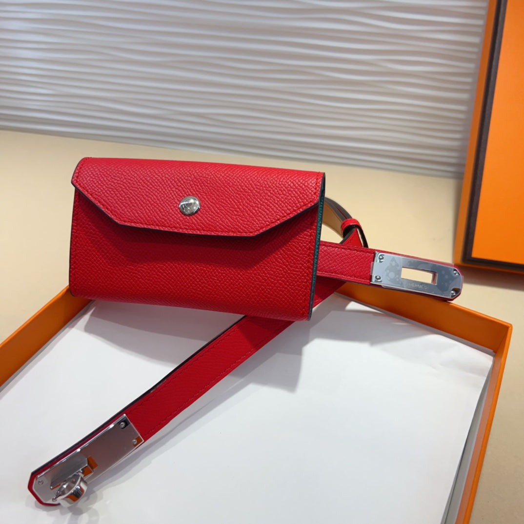 HERMES KELLY CHERRY RED POCKET 18MM BELT LEATHER SILVER HARDWARE