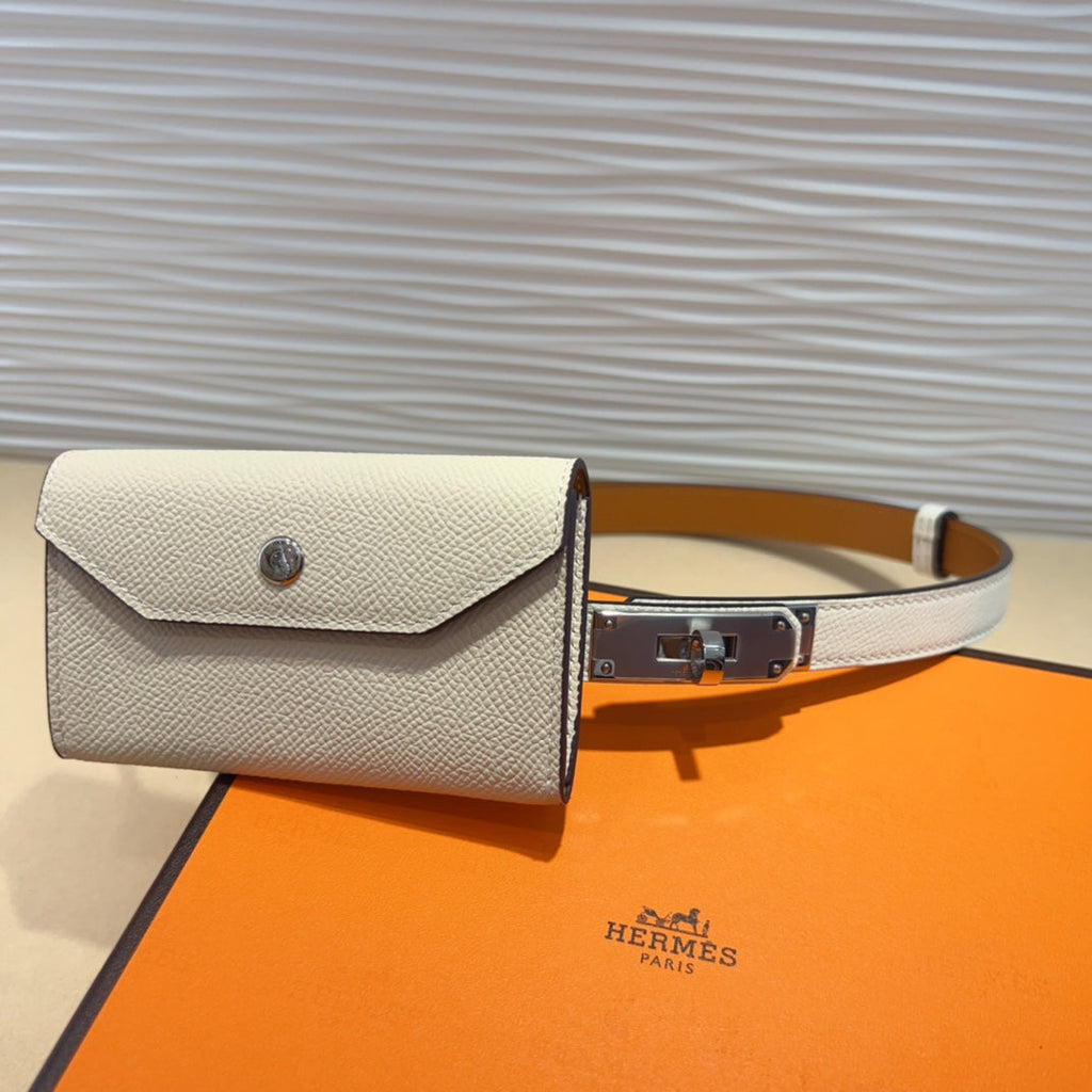 HERMES KELLY WHITE POCKET 18MM BELT LEATHER SILVER HARDWARE