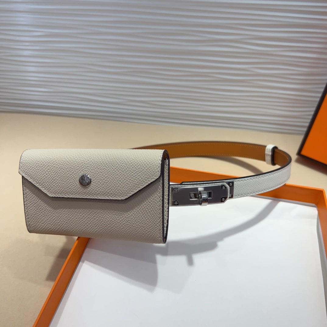 HERMES KELLY WHITE POCKET 18MM BELT LEATHER SILVER HARDWARE