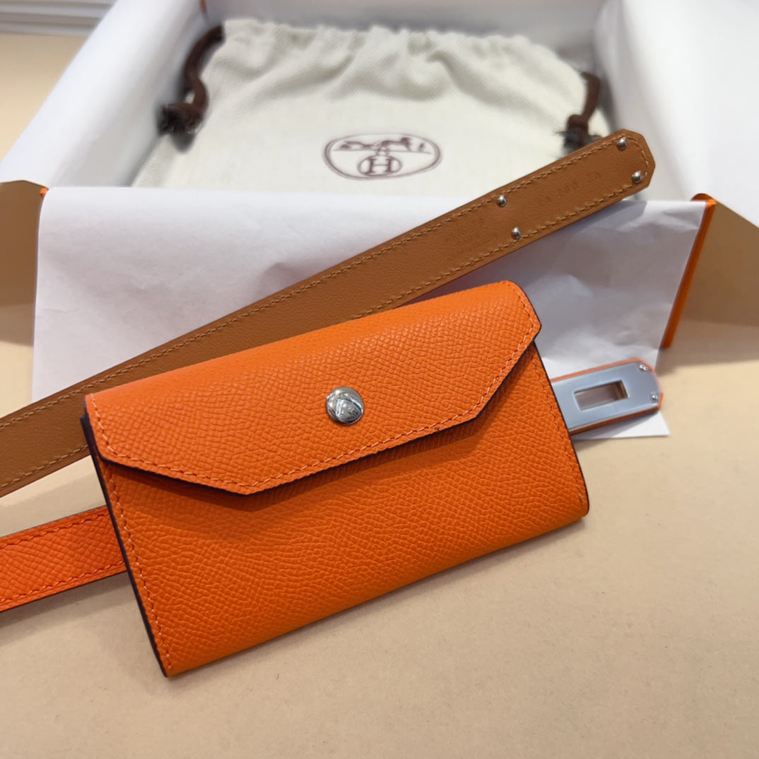 HERMES KELLY POCKET 18MM BELT ORANGE LEATHER SILVER HARDWARE