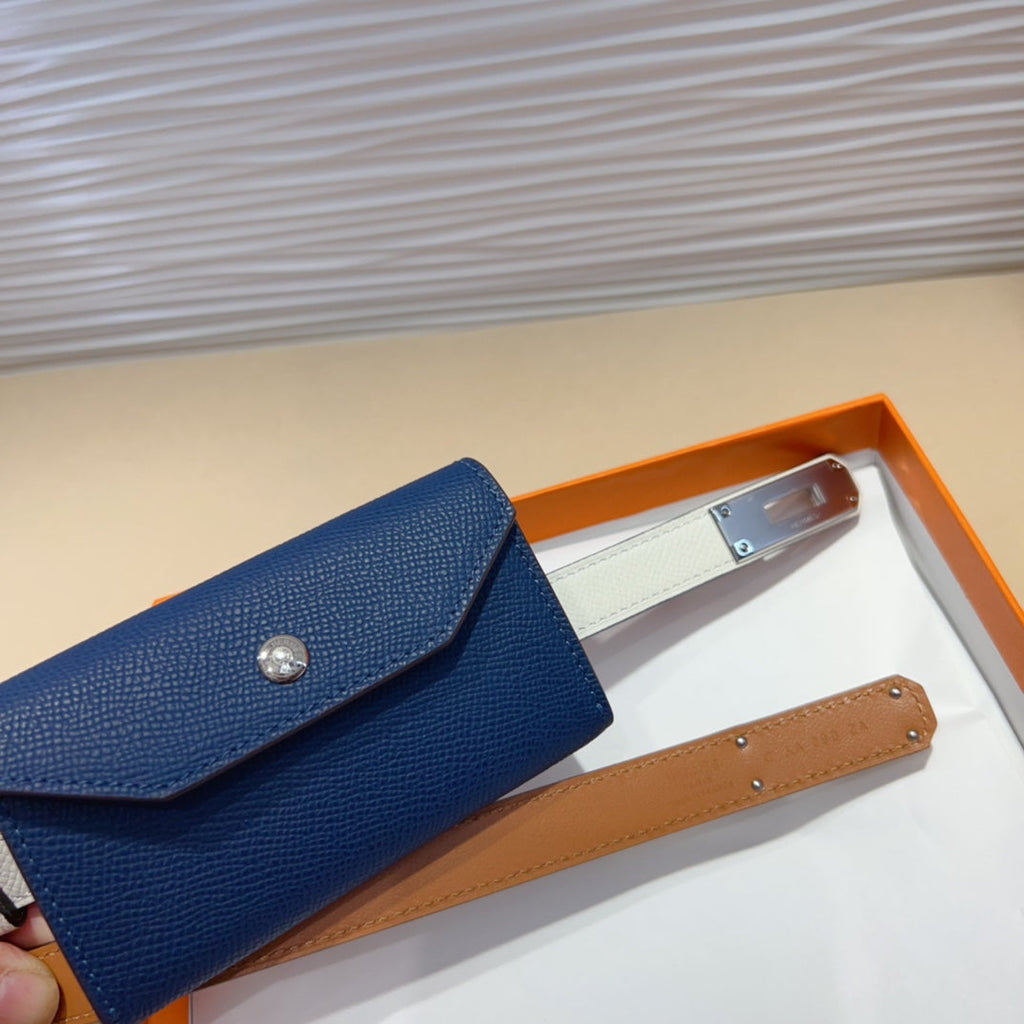 HERMES KELLY NAVY BLUE POCKET 18MM BELT WHITE LEATHER SILVER HARDWARE