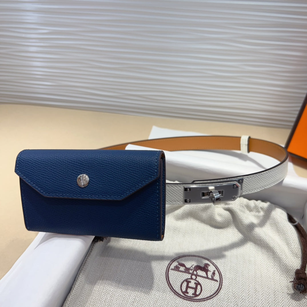 HERMES KELLY NAVY BLUE POCKET 18MM BELT WHITE LEATHER SILVER HARDWARE