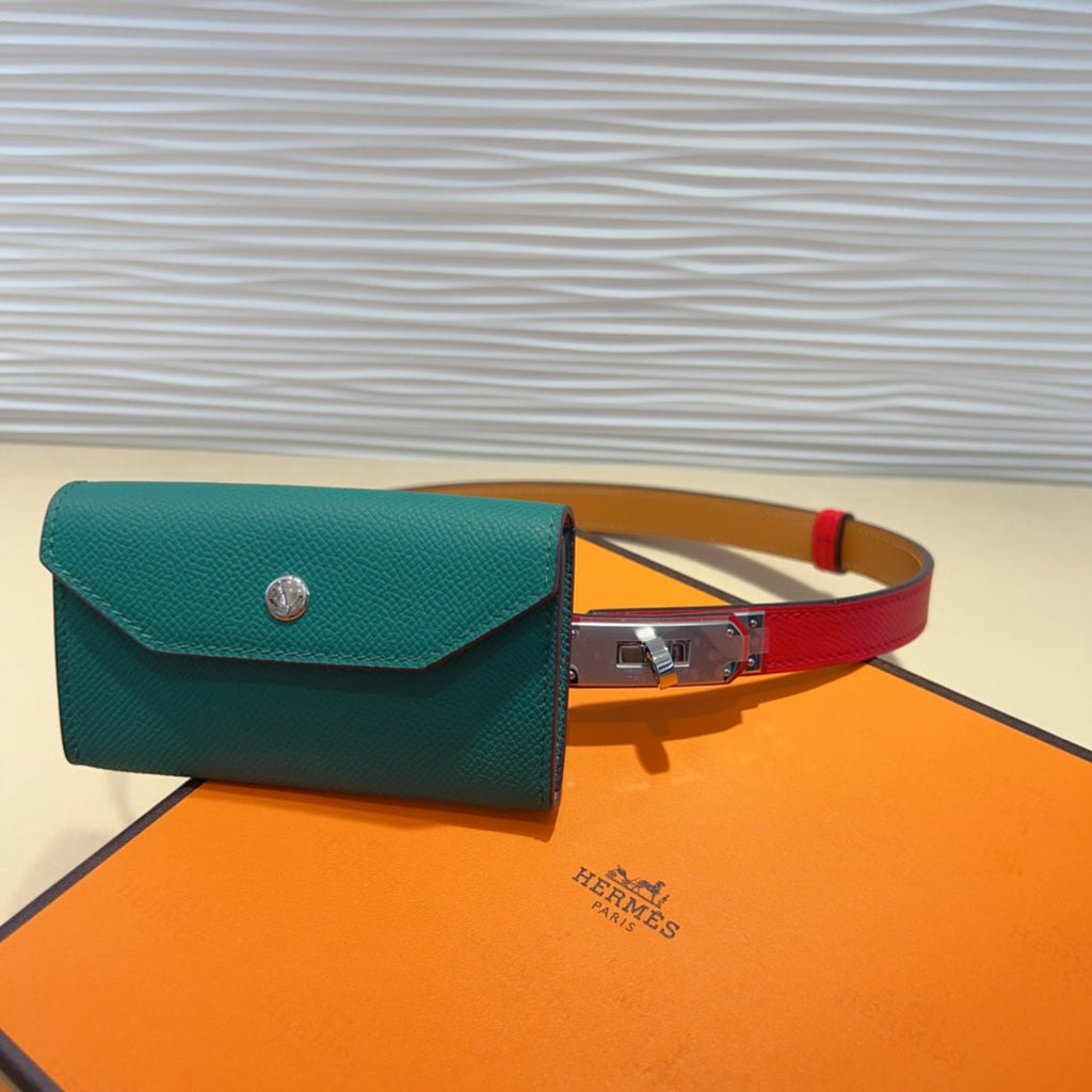 HERMES KELLY TEAL GREEN POCKET 18MM BELT CHERRY RED LEATHER SILVER HARDWARE