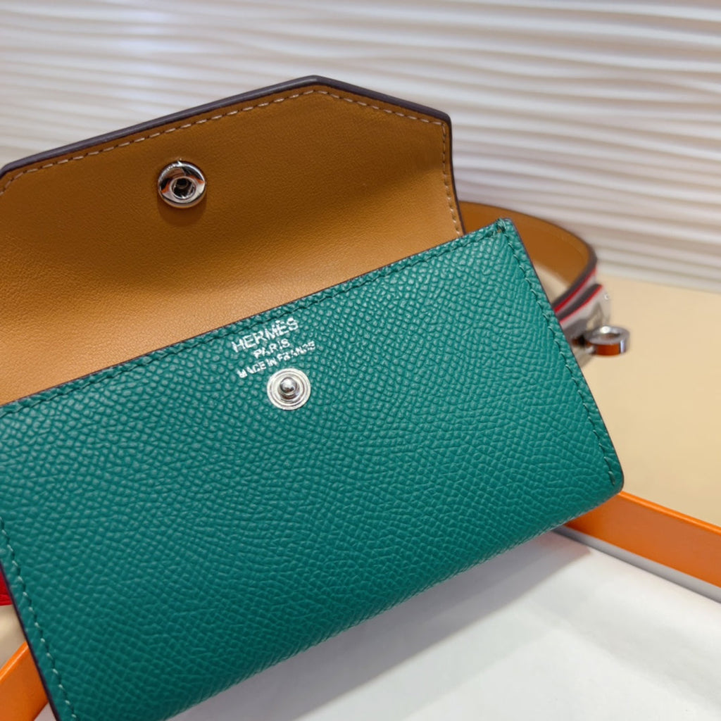 HERMES KELLY TEAL GREEN POCKET 18MM BELT CHERRY RED LEATHER SILVER HARDWARE