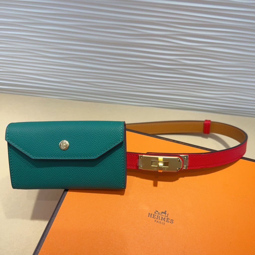 HERMES KELLY TEAL GREEN POCKET 18MM BELT CHERRY RED LEATHER GOLD HARDWARE