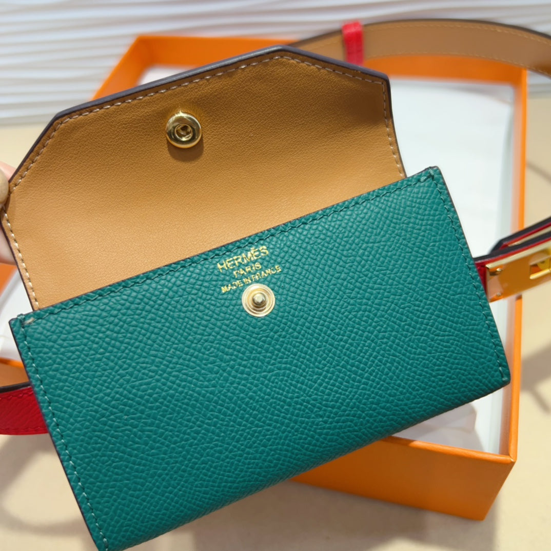 HERMES KELLY TEAL GREEN POCKET 18MM BELT CHERRY RED LEATHER GOLD HARDWARE