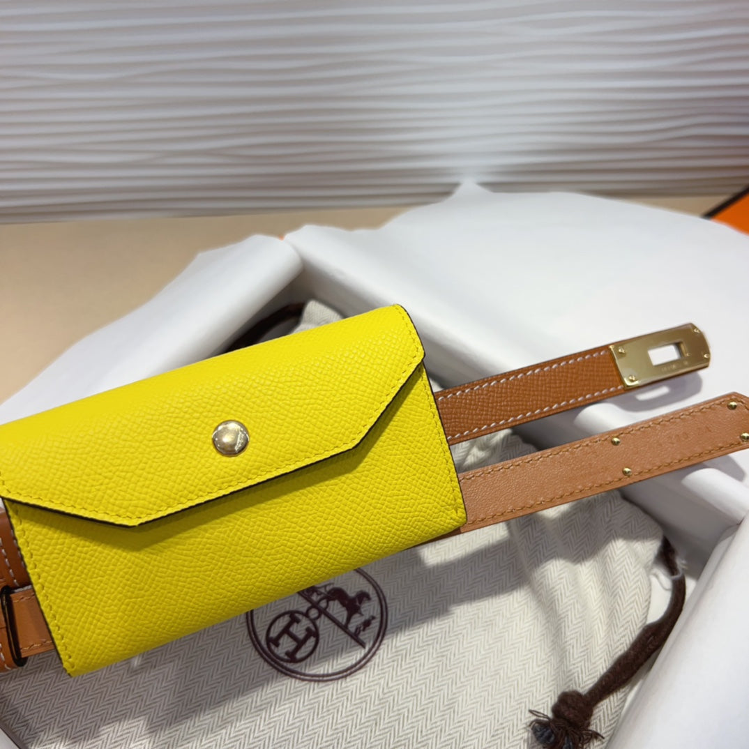 HERMES KELLY LEMON YELLOW POCKET 18MM BELT CINNAMON BROWN LEATHER GOLD HARDWARE