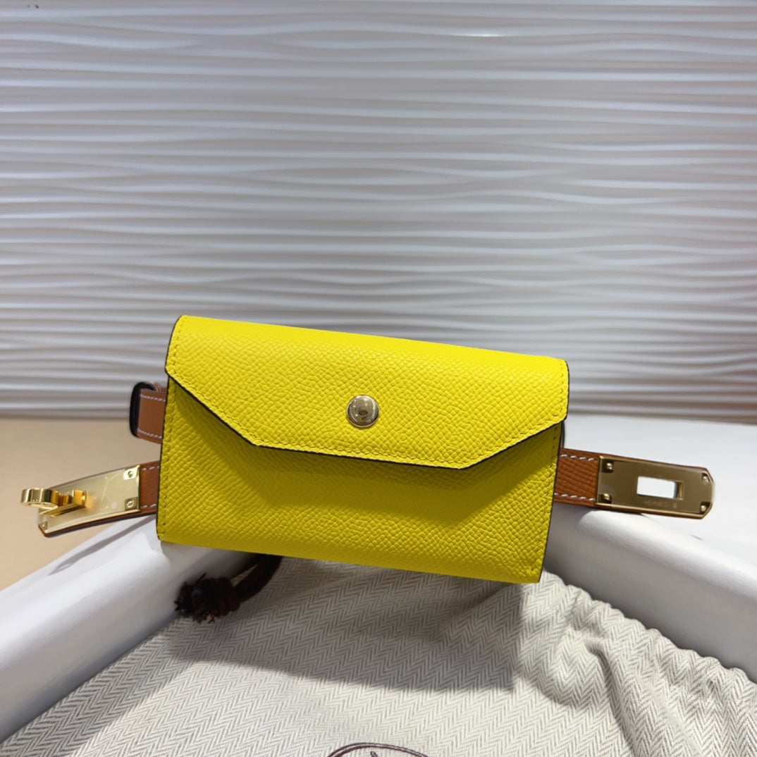 HERMES KELLY LEMON YELLOW POCKET 18MM BELT CINNAMON BROWN LEATHER GOLD HARDWARE