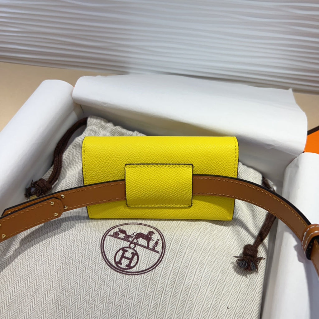 HERMES KELLY LEMON YELLOW POCKET 18MM BELT CINNAMON BROWN LEATHER GOLD HARDWARE