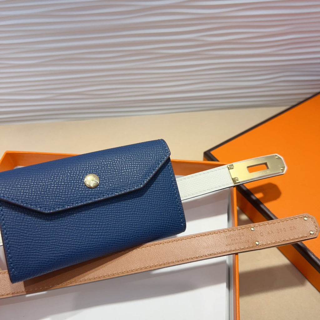 HERMES KELLY NAVY BLUE POCKET 18MM BELT WHITE LEATHER GOLD HARDWARE