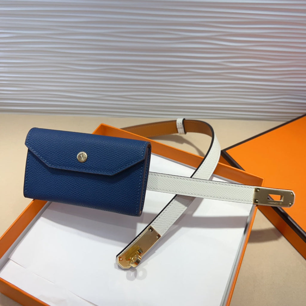 HERMES KELLY NAVY BLUE POCKET 18MM BELT WHITE LEATHER GOLD HARDWARE