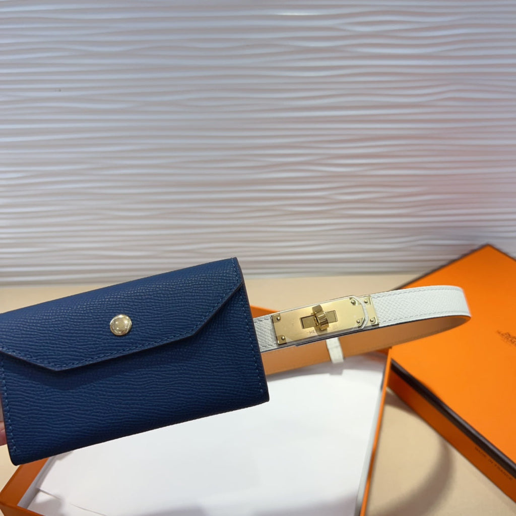 HERMES KELLY NAVY BLUE POCKET 18MM BELT WHITE LEATHER GOLD HARDWARE