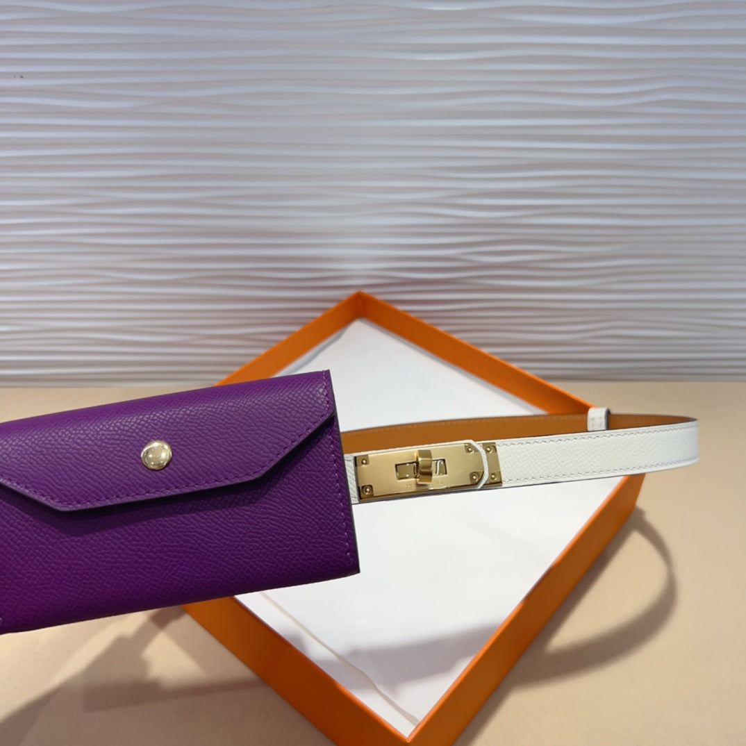 HERMES KELLY VIOLET PURPLE POCKET 18MM BELT WHITE LEATHER GOLD HARDWARE