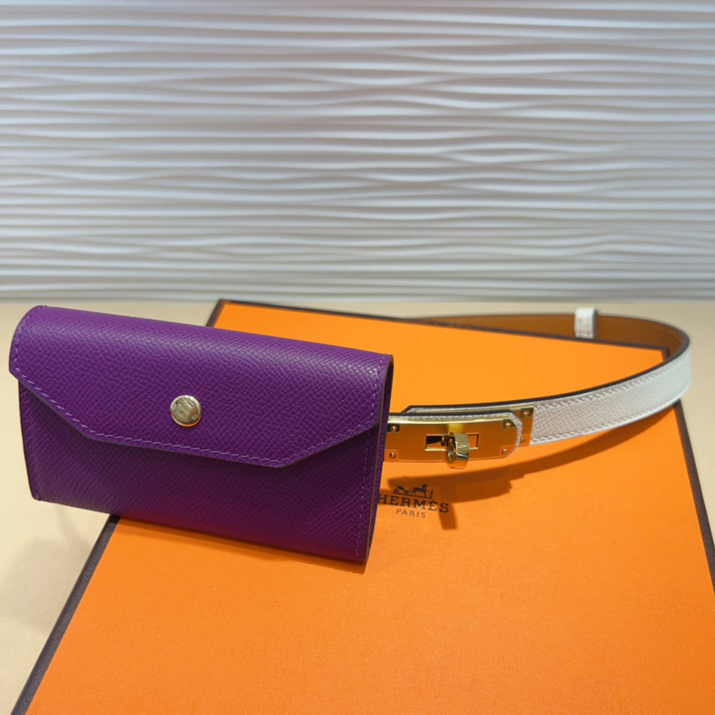 HERMES KELLY VIOLET PURPLE POCKET 18MM BELT WHITE LEATHER GOLD HARDWARE