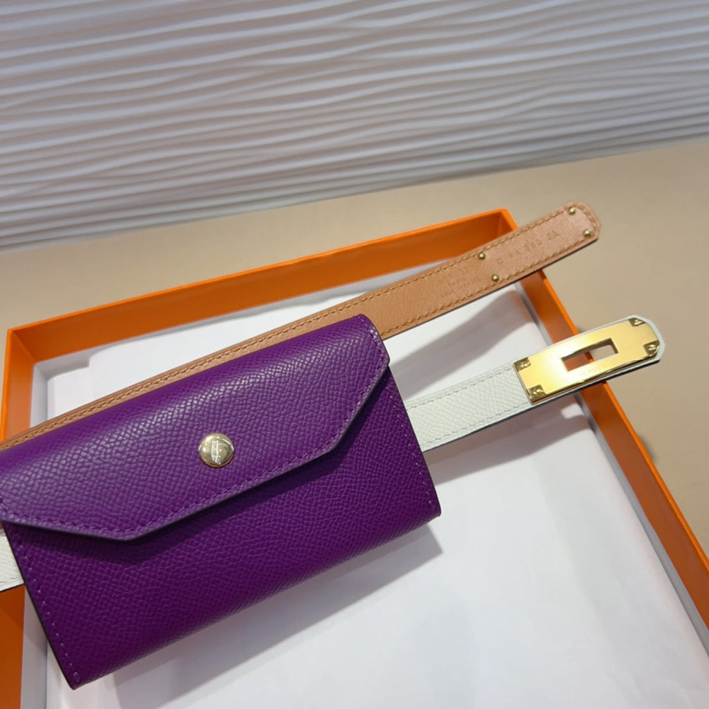 HERMES KELLY VIOLET PURPLE POCKET 18MM BELT WHITE LEATHER GOLD HARDWARE