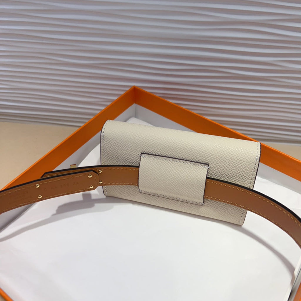 HERMES KELLY POCKET 18MM BELT WHITE LEATHER GOLD HARDWARE