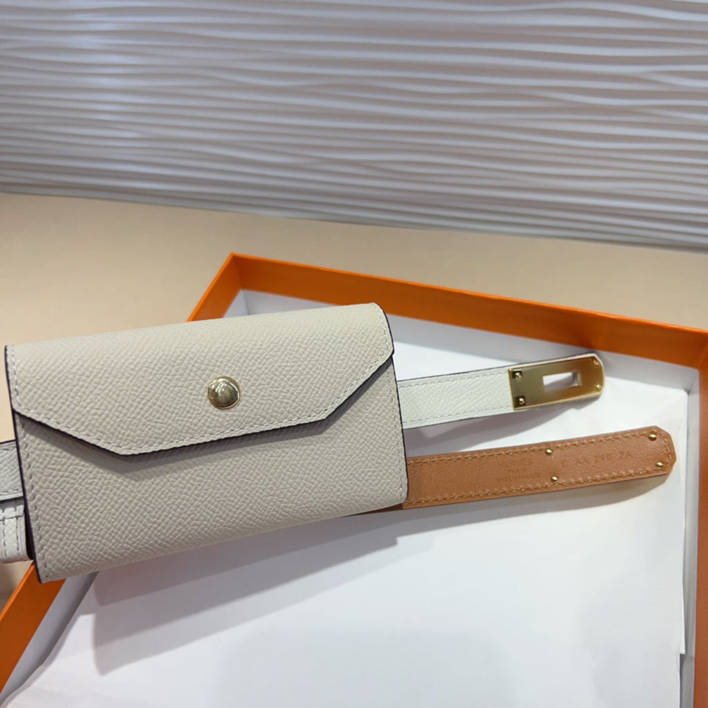 HERMES KELLY POCKET 18MM BELT WHITE LEATHER GOLD HARDWARE