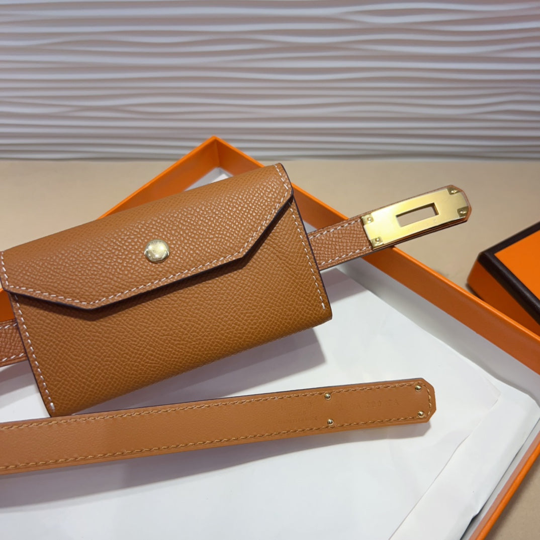 HERMES KELLY POCKET 18MM BELT CINNAMON BROWN LEATHER GOLD HARDWARE