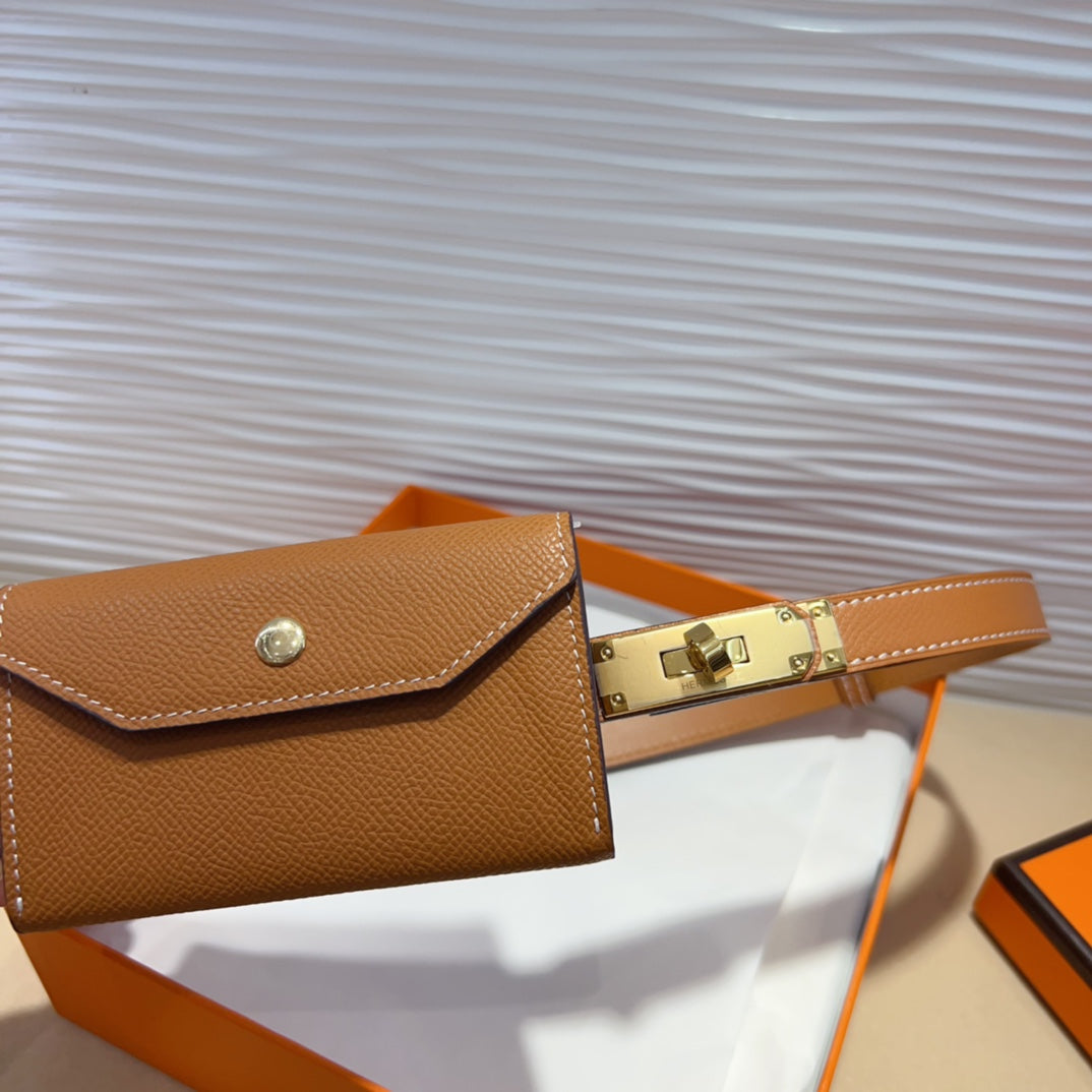 HERMES KELLY POCKET 18MM BELT CINNAMON BROWN LEATHER GOLD HARDWARE