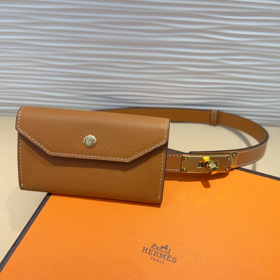 HERMES KELLY POCKET 18MM BELT CINNAMON BROWN LEATHER GOLD HARDWARE