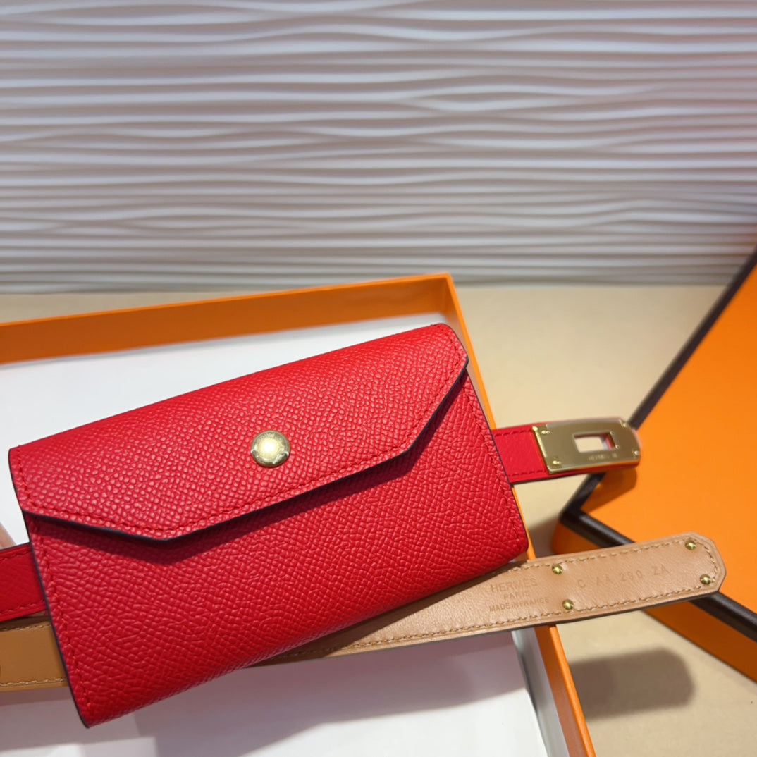 HERMES KELLY POCKET 18MM BELT CHERRY RED LEATHER GOLD HARDWARE