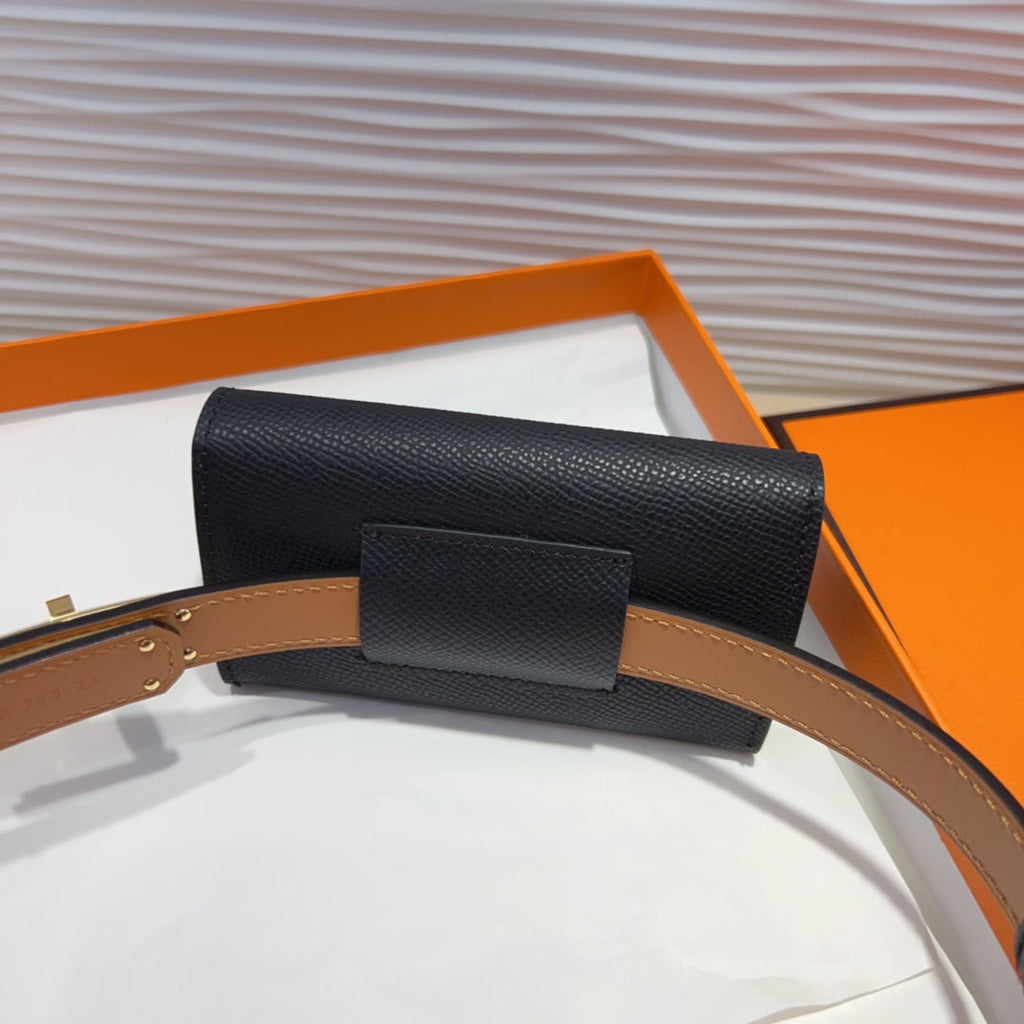 HERMES KELLY POCKET 18MM BELT BLACK LEATHER GOLD HARDWARE