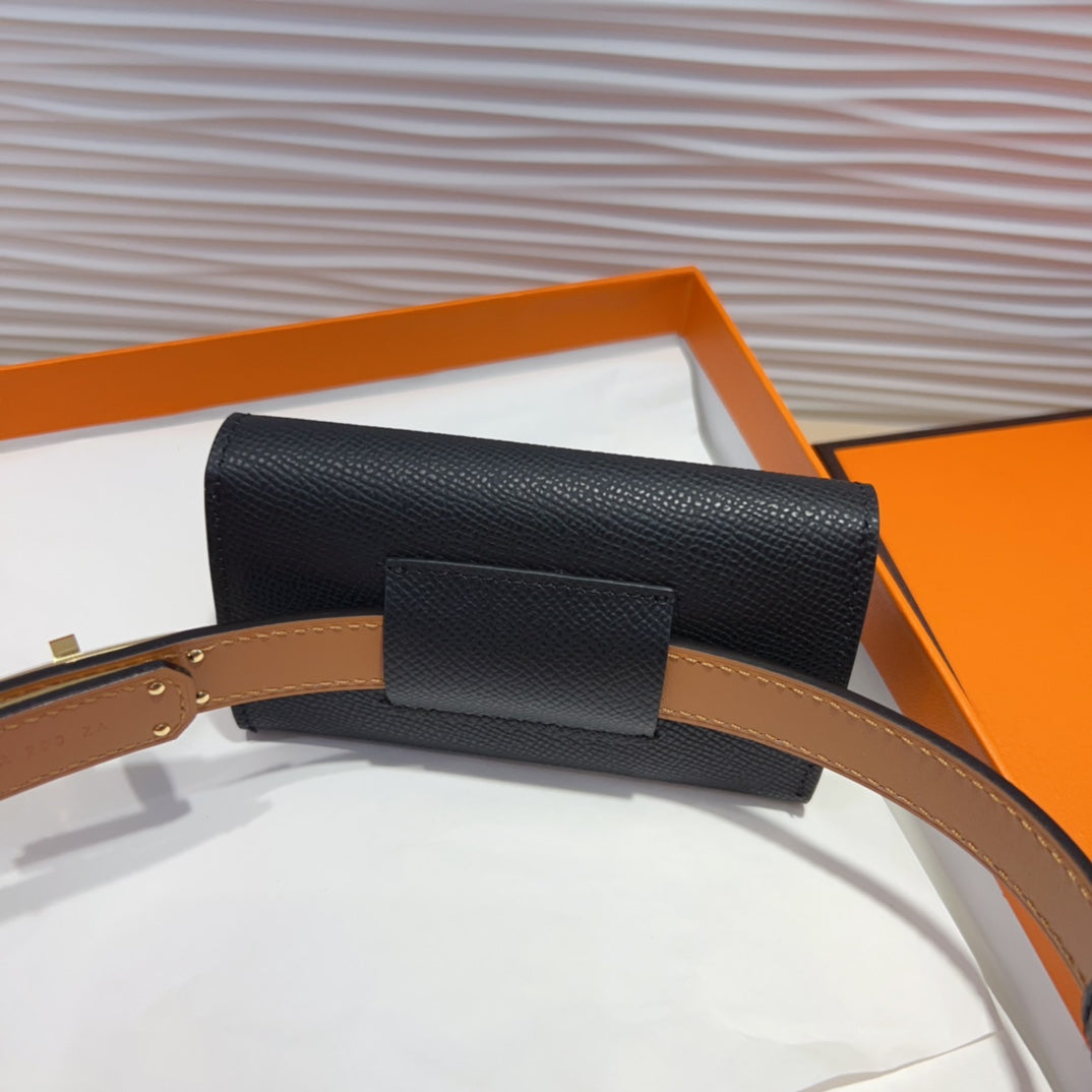 HERMES KELLY POCKET 18MM BELT BLACK LEATHER GOLD HARDWARE