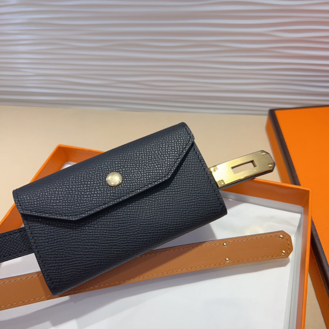 HERMES KELLY POCKET 18MM BELT BLACK LEATHER GOLD HARDWARE