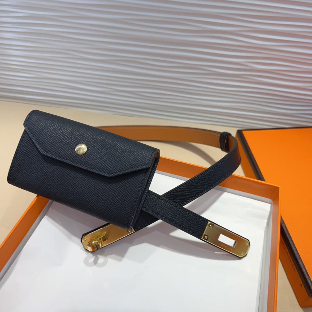 HERMES KELLY POCKET 18MM BELT BLACK LEATHER GOLD HARDWARE