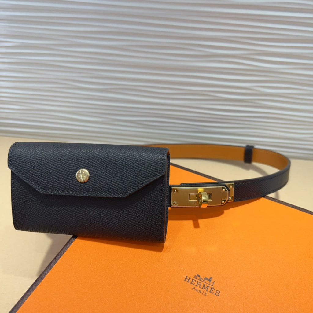HERMES KELLY POCKET 18MM BELT BLACK LEATHER GOLD HARDWARE