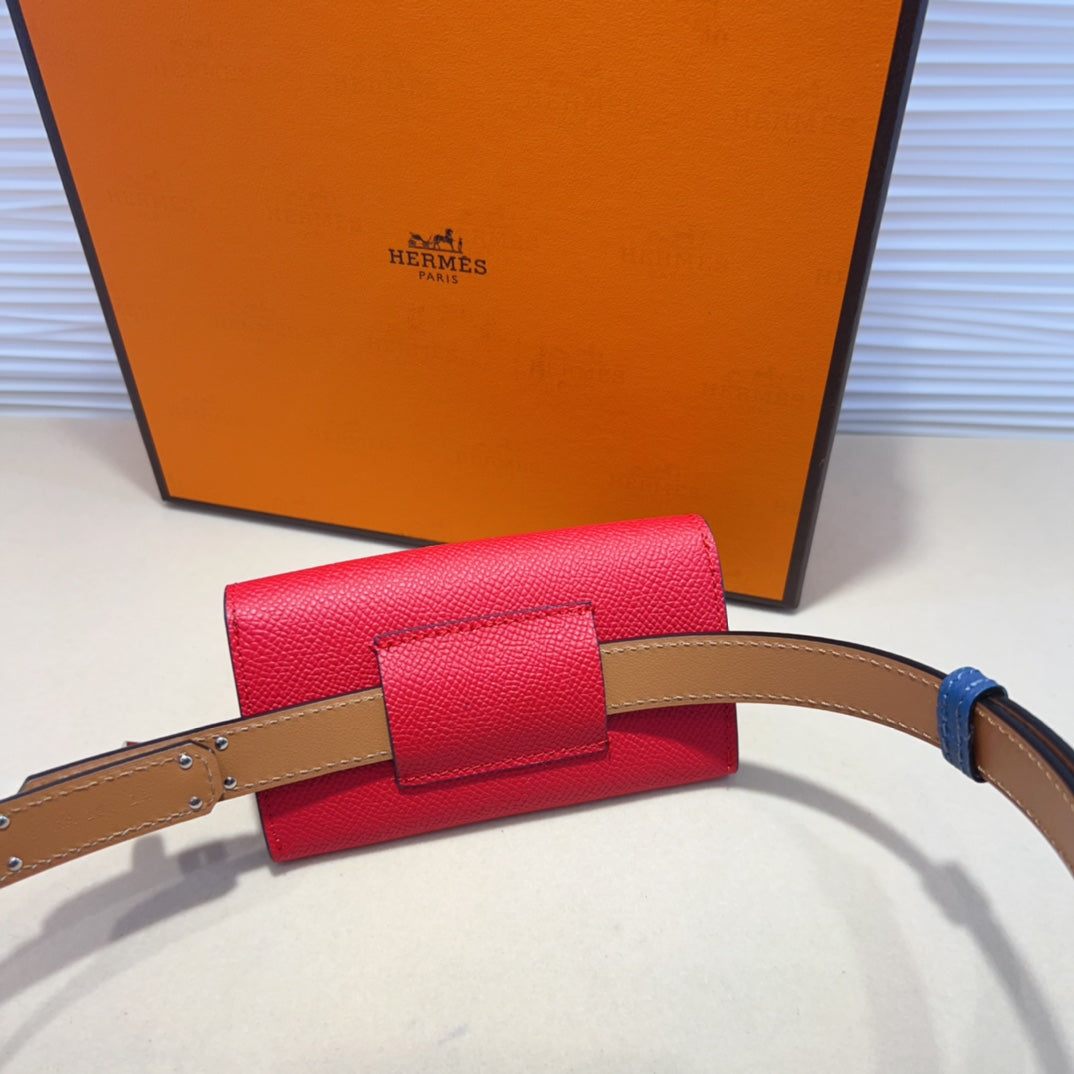 HERMES KELLY CHERRY RED POCKET 18MM BELT NAVY BLUE LEATHER GOLD HARDWARE