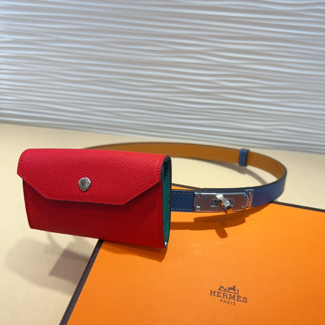 HERMES KELLY CHERRY RED POCKET 18MM BELT NAVY BLUE LEATHER GOLD HARDWARE