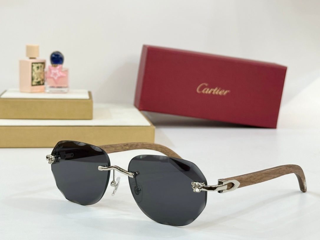 CARTIER RIMLESS GEOMETRIC FRAME SUNGLASSES 547386 IN METAL AND WOODEN